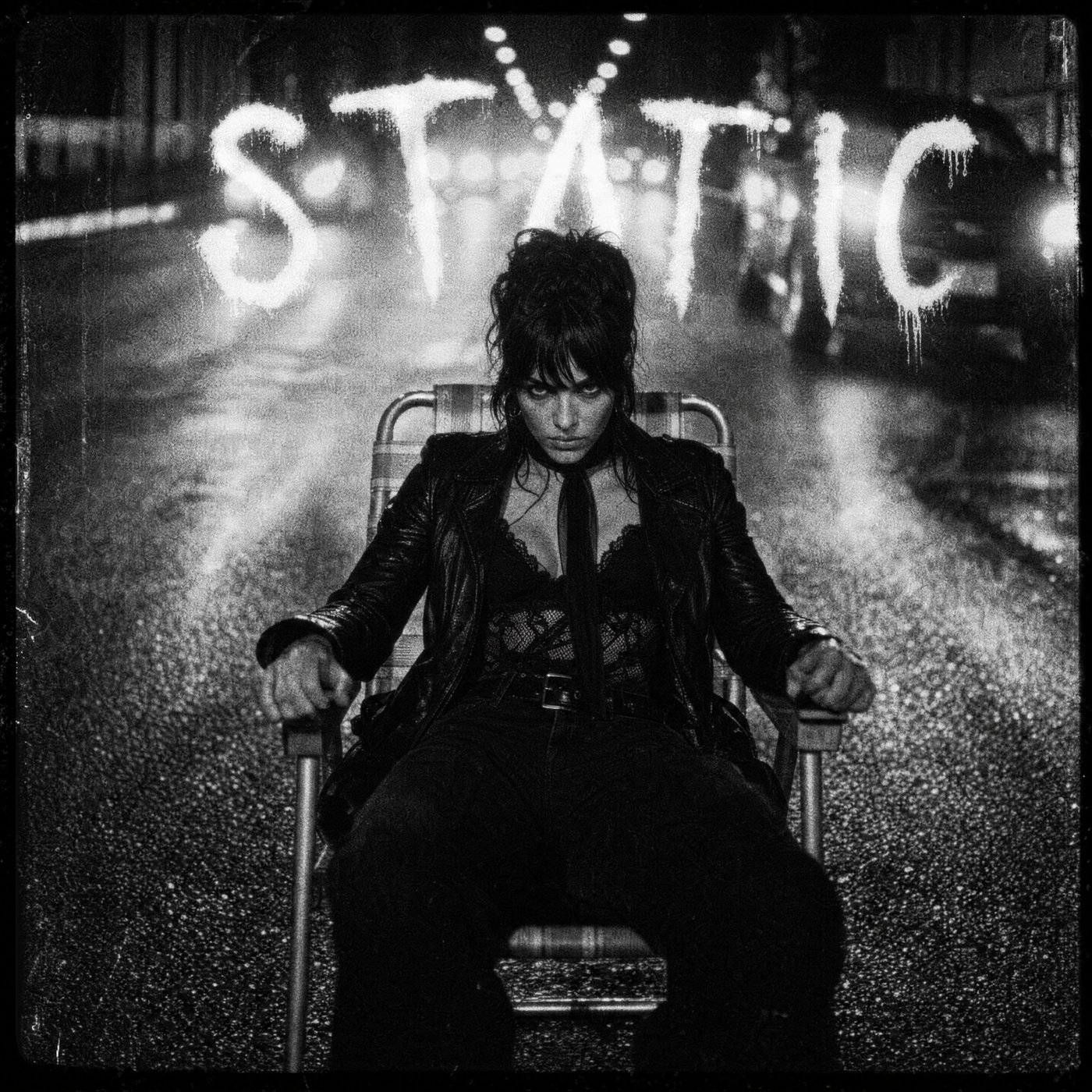 Still from the Static music video: ForF's singer seated in a folding chair in a rain-soaked street, the word STATIC lit up behind her.